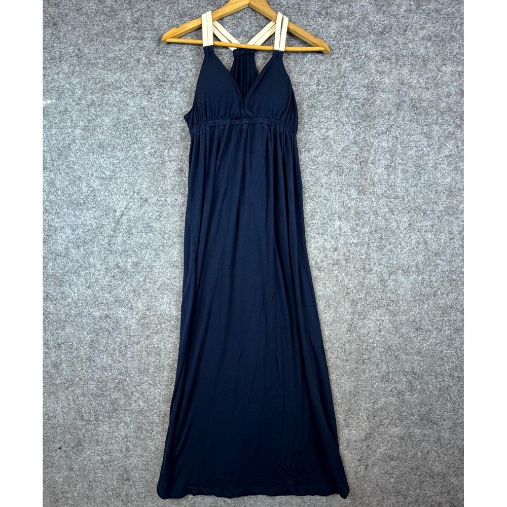 Pink Rose Maxi Dress Womens Large Navy Blue Rope Straps Racerback Empire Waist
